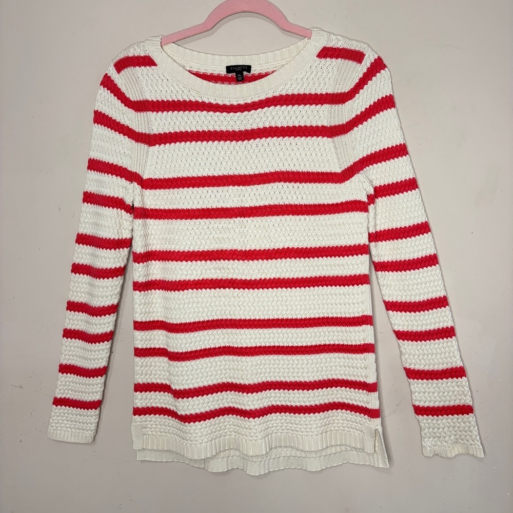 TALBOTS Coral & Beige Striped Cable Knit Crewneck Sweater, Medium Petite
